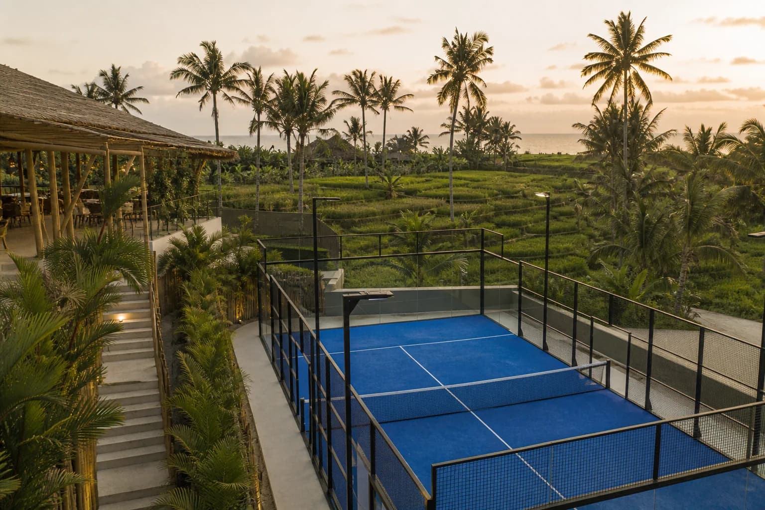 Outdoor padel club among rice fields and palms in Canggu, Bali