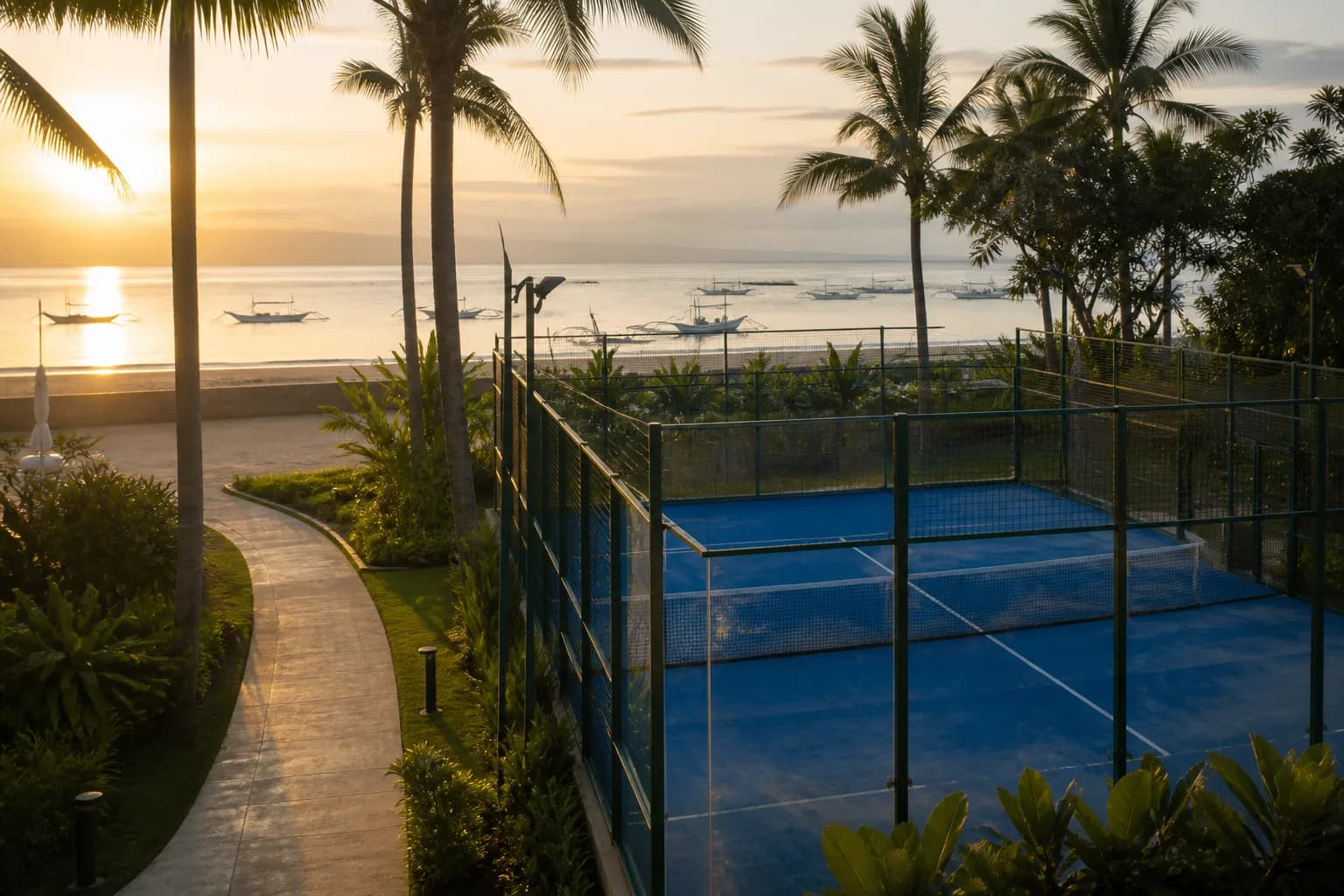 Beachfront padel club at sunrise in Sanur, Bali
