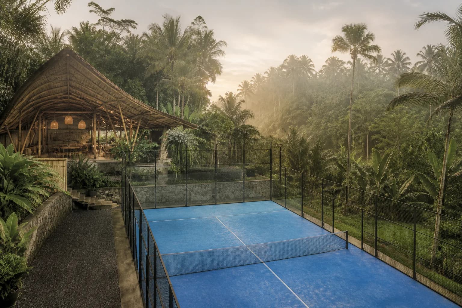 Jungle-edge padel club surrounded by palms in Ubud, Bali